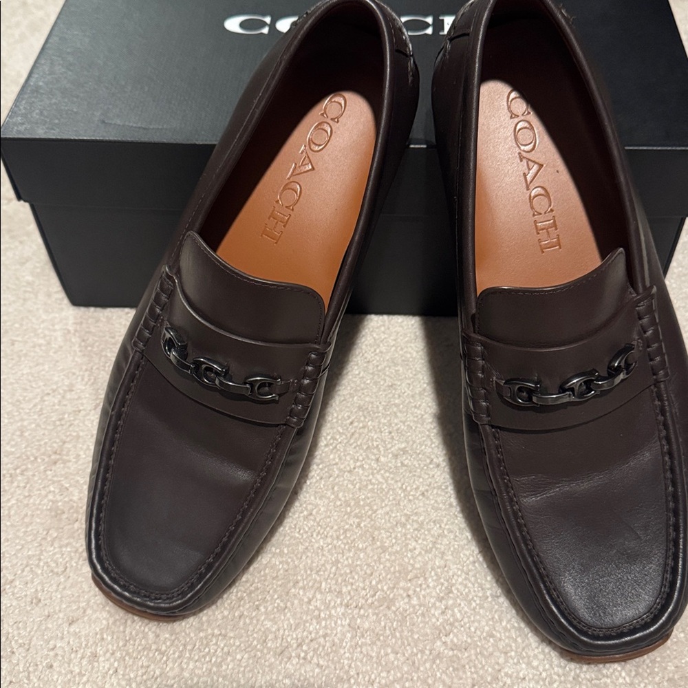 Coach Dark Brown Leather Loafers with Chain Accent